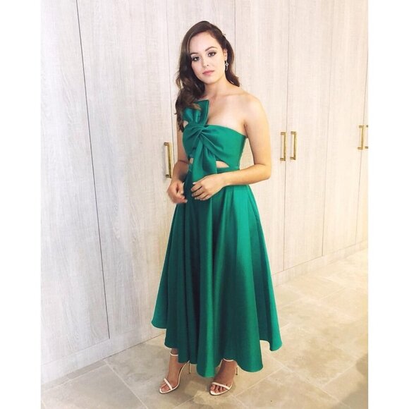 NWT Jay Godfrey Surin Full Circle Strapless Twist-Front Satin Midi Emerald Green - Picture 2 of 12